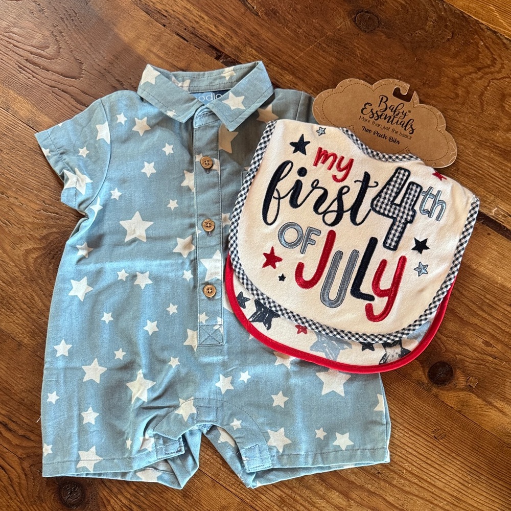 Baby Essentials Red, Navy & White "My First 4th of July" Bib Set and Romper